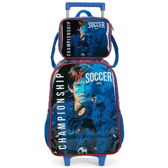 Imagem de Kit Mochila Rodinha Lancheira Championship Soccer Goall Azul