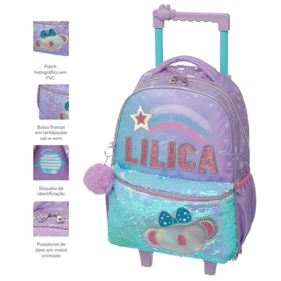 Imagem de Kit Mochila Rodinha Lancheira Costas Estojo 3 Divisórias Garrafa Lilica Ripilica Original Make A Wish