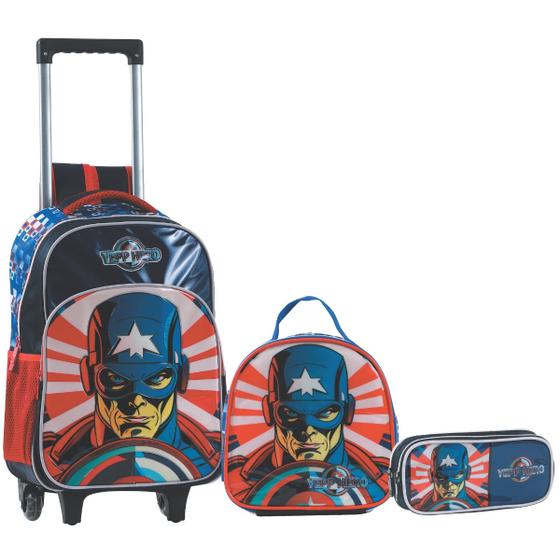 Imagem de Kit Mochila Rodinha Lancheira Estojo Capitão America Herois