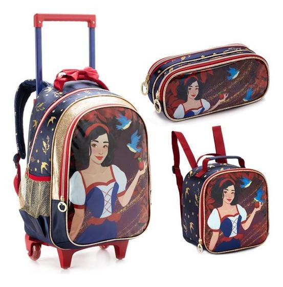 Imagem de Kit Mochila Rodinha Lancheira Estojo Feminina Menina Escolar Infantil Princesa Branca De Neve Denlex