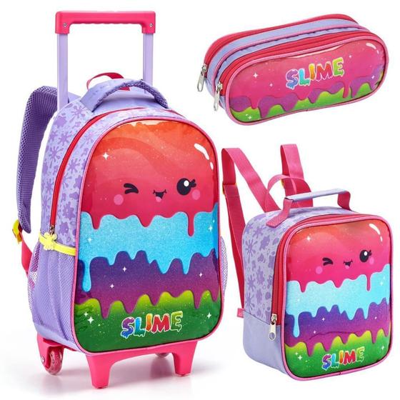 Imagem de Kit Mochila Rodinha Lancheira Estojo Feminina Slime Roxo