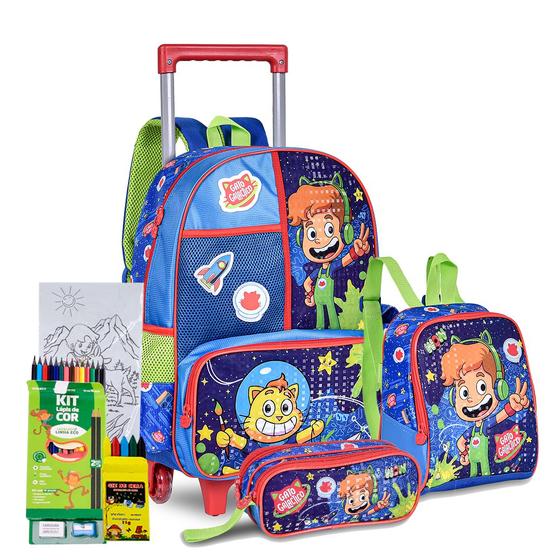 Kit Mochila Rodinha Lancheira Estojo Gato Galáctico Carrinho Menor preço em Kit Mochila Rodinha Lancheira Estojo Gato Galáctico Carrinho