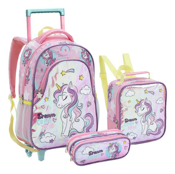 Imagem de Kit Mochila Rodinha Lancheira Estojo Infantil Escolar Menina Unicornio Dream True