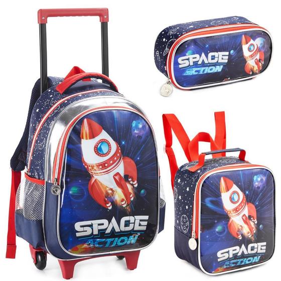 Imagem de Kit Mochila Rodinha Lancheira Estojo Infantil Space Nasa Astronauta Denlex Escolar