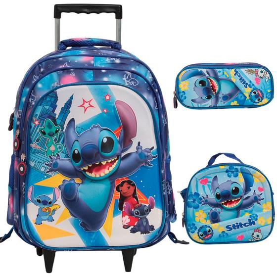 Imagem de Kit Mochila Rodinha Lancheira Estojo Infantil Stitch 3D