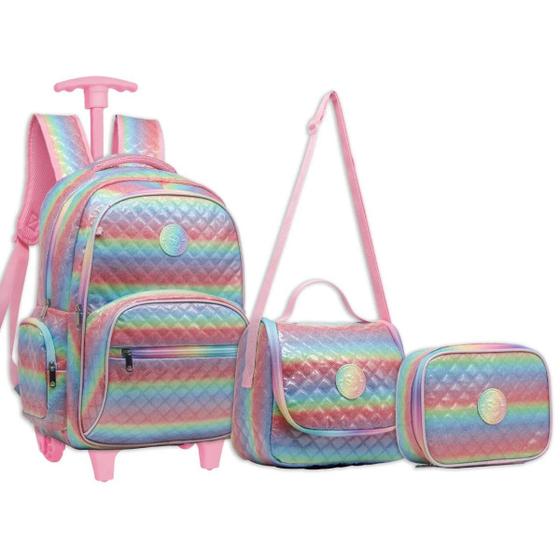 Imagem de Kit Mochila Rodinha Lancheira Estojo Juvenil Escolar Infantil Feminina Rainbown Menina Yepp