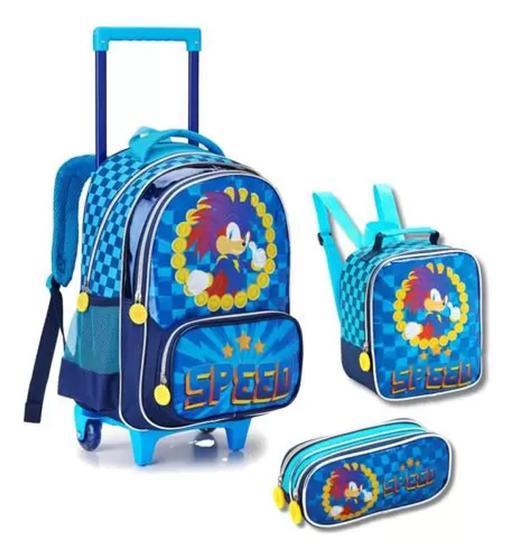 Imagem de Kit Mochila Rodinha Lancheira Estojo Reforçado Sonic Speed  com livrinho e Lapis de cor - Denlex