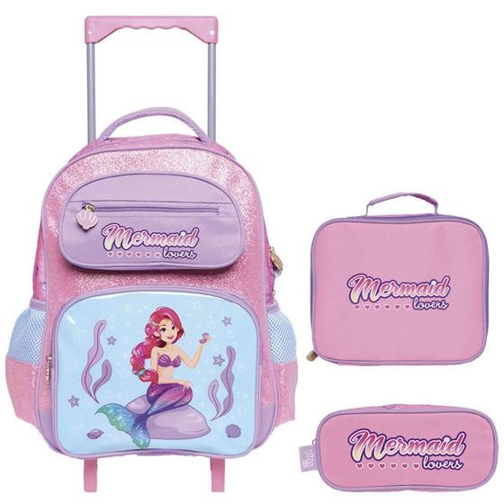 Imagem de Kit Mochila Rodinha Lancheira Estojo Sereia Mermaid Yins