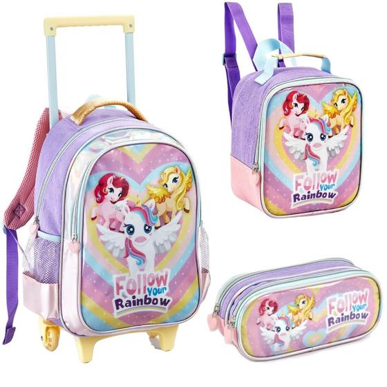 Imagem de Kit Mochila Rodinha Lancheira Estojo Unicornio Follow Rainbown