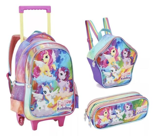 Imagem de Kit Mochila Rodinha Lancheira Estojo Unicornio Power Fofinho Cor Rosa