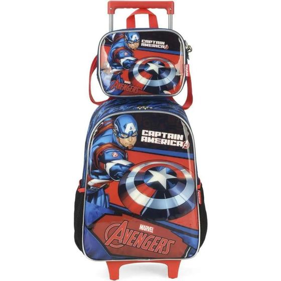 Imagem de Kit Mochila Rodinha Lancheira Térmica Escolar Marvel Avengers Vingadores Capitão América Azul Luxcel