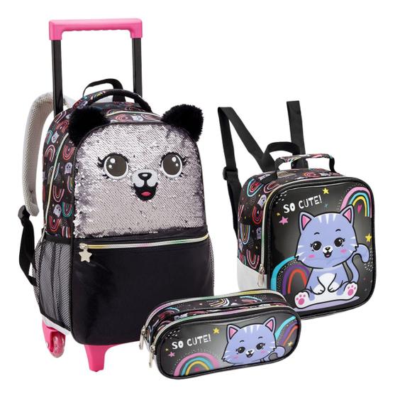 Imagem de Kit Mochila Rodinha Lancheira Térmica Estojo Duplo Infantil Escolar Menina Gatinho Glitter