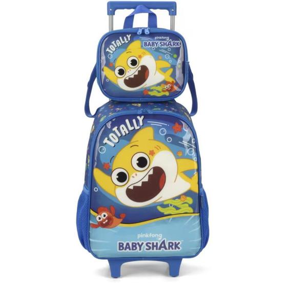 Imagem de Kit Mochila Rodinha Lancheira Térmica Infantil Escolar Menino Luxcel Baby Shark Azul