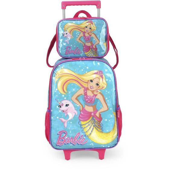 Imagem de Kit Mochila Rodinha Lancheira Térmica Infantil Menina Feminina Barbie Sereia Verde Luxcel