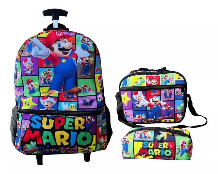 Imagem de Kit Mochila Rodinha Mario Com Estojo E Lancheira Infantil