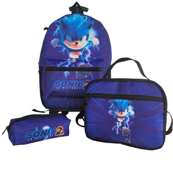 Imagem de Kit Mochila Rodinha Sonic Com Estojo E Lancheira Infantil