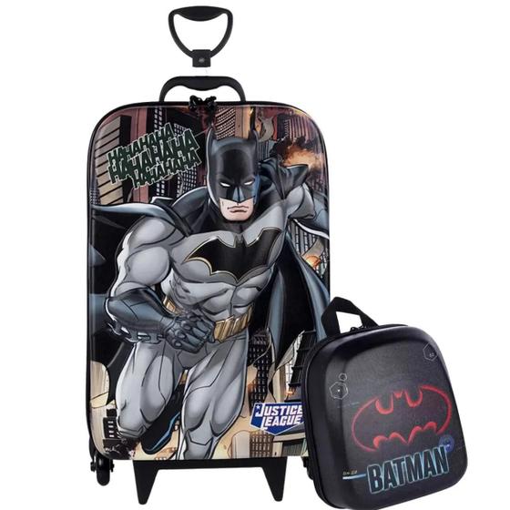 Imagem de Kit Mochila Rodinhas 3D Batman + Lancheira Justiça - Maxtoy