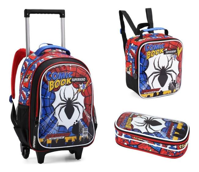 Imagem de Kit Mochila Rodinhas Aranha Spider Meninos Escolar Grande