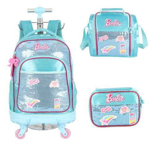 Imagem de Kit Mochila Rodinhas C/ Led Original Barbie Com Chaveiro