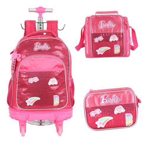Imagem de Kit Mochila Rodinhas C/ Led Original Barbie Com Chaveiro
