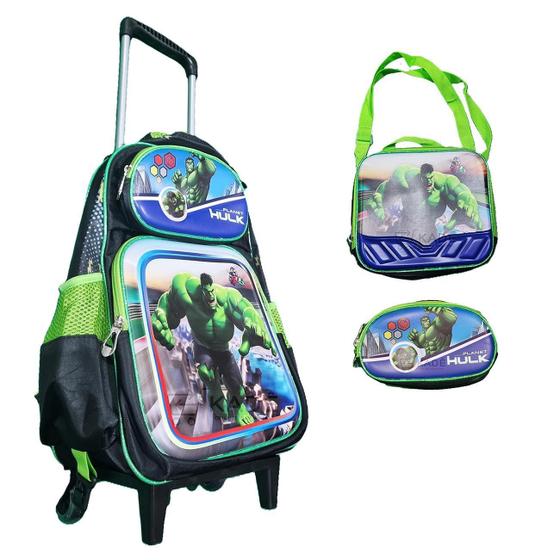 Imagem de Kit Mochila Rodinhas Com Estojo Lancheira Escolar 3 Pcs Hulk