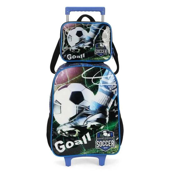 Imagem de Kit Mochila Rodinhas com Lancheira Futebol Bola Preto Luxcel