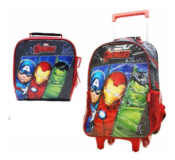 Imagem de Kit Mochila Rodinhas e costas Escolar Lancheira Avengers Preto