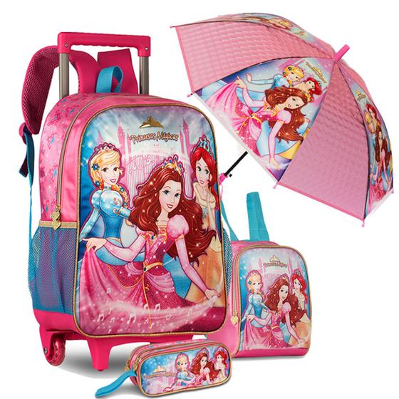 Imagem de Kit Mochila Rodinhas Escolar Princesas Fofa Brilho Meninas