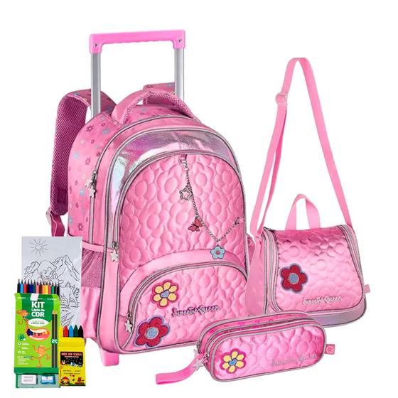 Imagem de Kit Mochila Rodinhas Estojo Lancheira Coleção Flores 2025