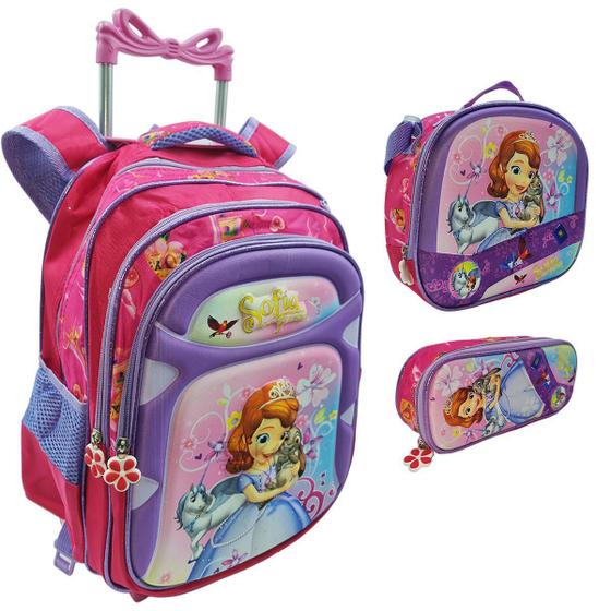 Imagem de Kit Mochila Rodinhas Estojo Lancheira Escolar Sofia 3 Pcs