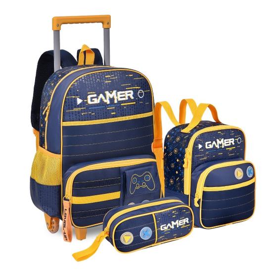 Imagem de Kit Mochila Rodinhas Gamer C/ Lancheira E Estojo Vídeo Game Original - AZUL - Clio