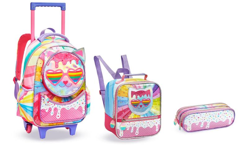 Imagem de Kit Mochila Rodinhas Gatinho Meninas Infantil Escolar Grand 