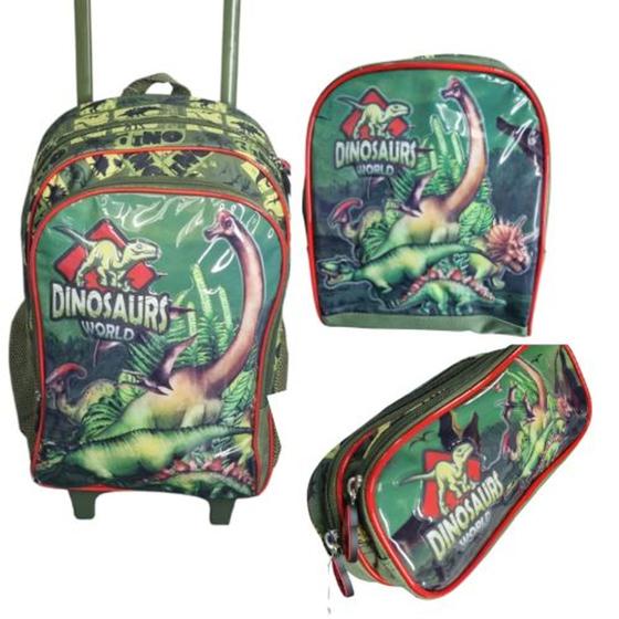 Imagem de Kit Mochila  Rodinhas Infantil Dinossauro Escolar  Tam G + Lancheira + estojo