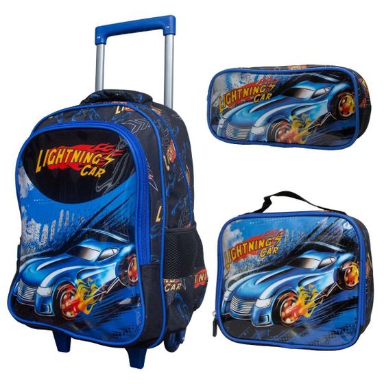 Imagem de Kit Mochila Rodinhas Infantil Escolar Menino Carros Corrida Yins