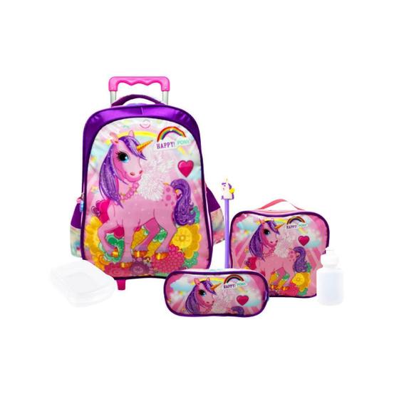 Imagem de Kit Mochila Rodinhas Infantil Feminino Unicórnio Poney Fofo