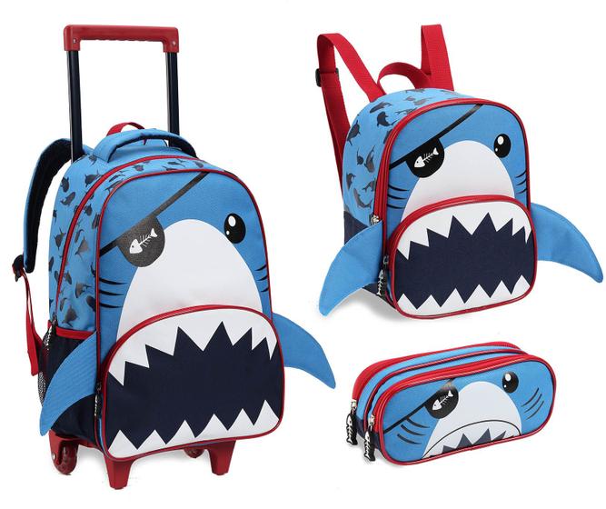 Imagem de Kit Mochila Rodinhas Infantil Masculino 1356 Shark Tubarão