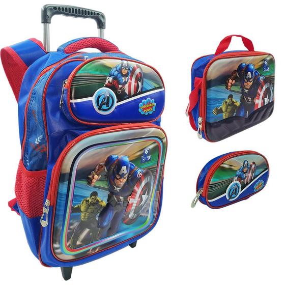 Imagem de Kit Mochila Rodinhas Lancheira Escolar Capitão América