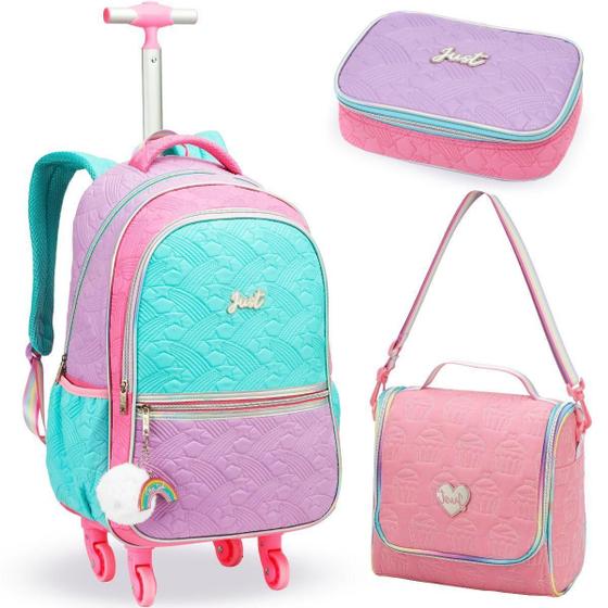 Imagem de Kit Mochila Rodinhas Lancheira Estojo Box Juvenil Love Just