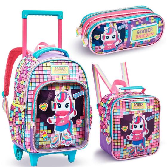 Imagem de Kit Mochila Rodinhas Lancheira Estojo Escolar Unicornio Game