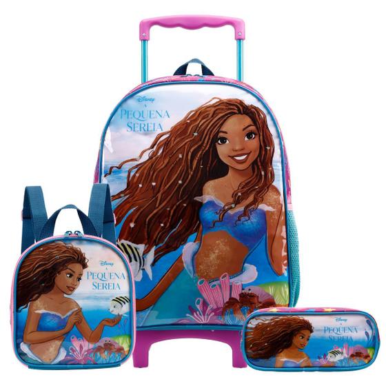 Imagem de Kit Mochila Rodinhas Lancheira Estojo Pequena Sereia Disney