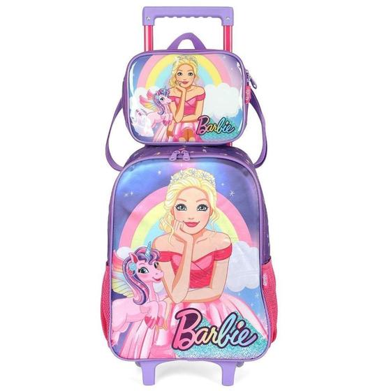 Imagem de Kit Mochila Rodinhas Lancheira Luxcel Barbie Unicórnio Lilás