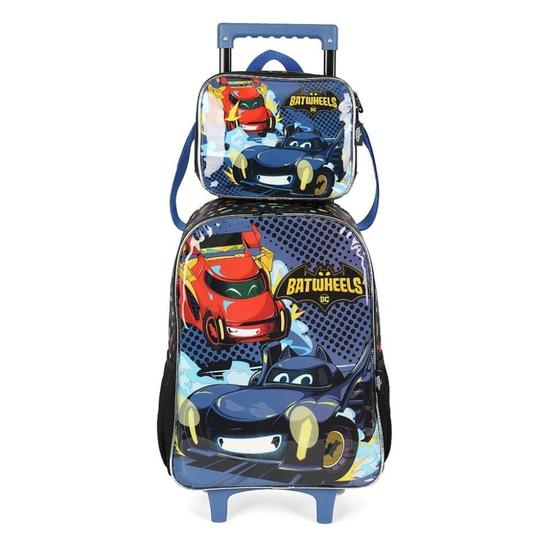 Imagem de Kit Mochila Rodinhas Lancheira Luxcel Batwheels Azul