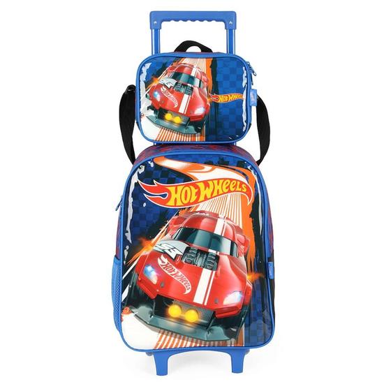 Imagem de Kit Mochila Rodinhas Lancheira Luxcel HotWheels Azul