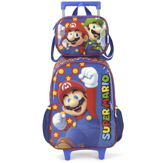 Imagem de Kit Mochila Rodinhas Lancheira Luxcel Super Mario Azul