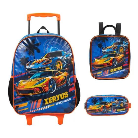 Imagem de Kit Mochila Rodinhas Sport Racers Carros Lancheira Estojo