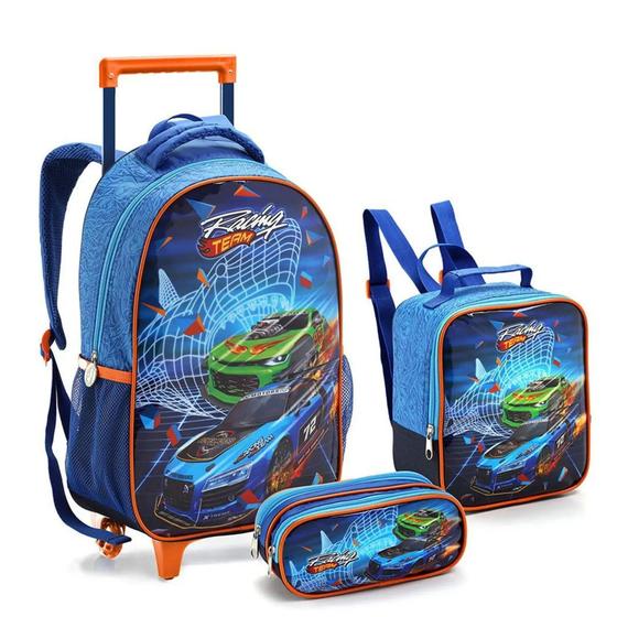 Imagem de kit mochila seanite carroS com lancheira e porta lápis reforçada