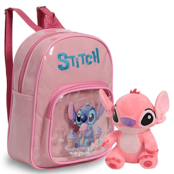 Imagem de Kit Mochila Stitch Costas Tam P Com Urso Pelúcia Cor Rosa