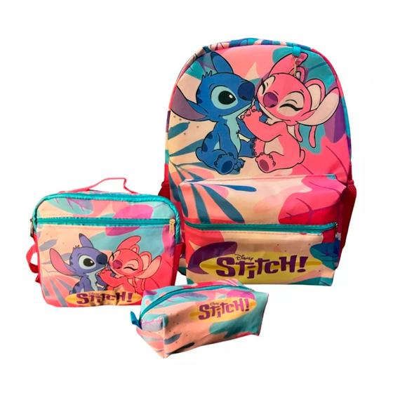 Imagem de Kit Mochila Stitch Rosa de Costas Infantil + Lancheira Térmica + Estojo Escolar