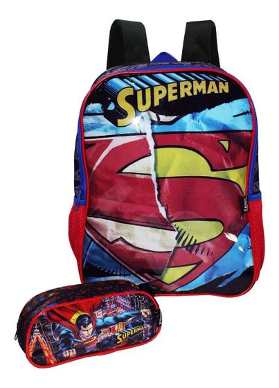 Imagem de Kit Mochila Superman Meninos Escolar Costas Original Luxcel