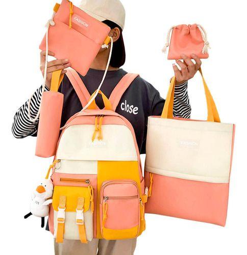 Imagem de Kit Mochila Unissex Média Espaçosa Bolsas Sacola Lancheira Semi Impermeavel Juvenil Multifuncional Escolar Creche Casual